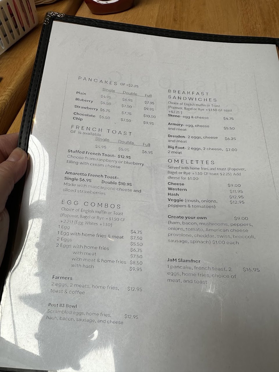 Restaurant menu with clear item sections.